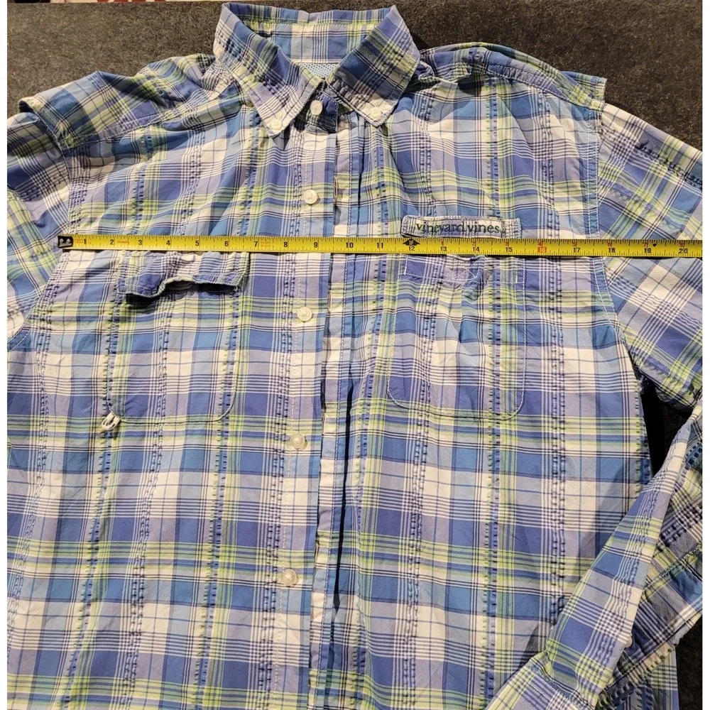 Vineyard Vines Harbor Shirt Mens M Performance Fishing Plaid Blue Green Vented